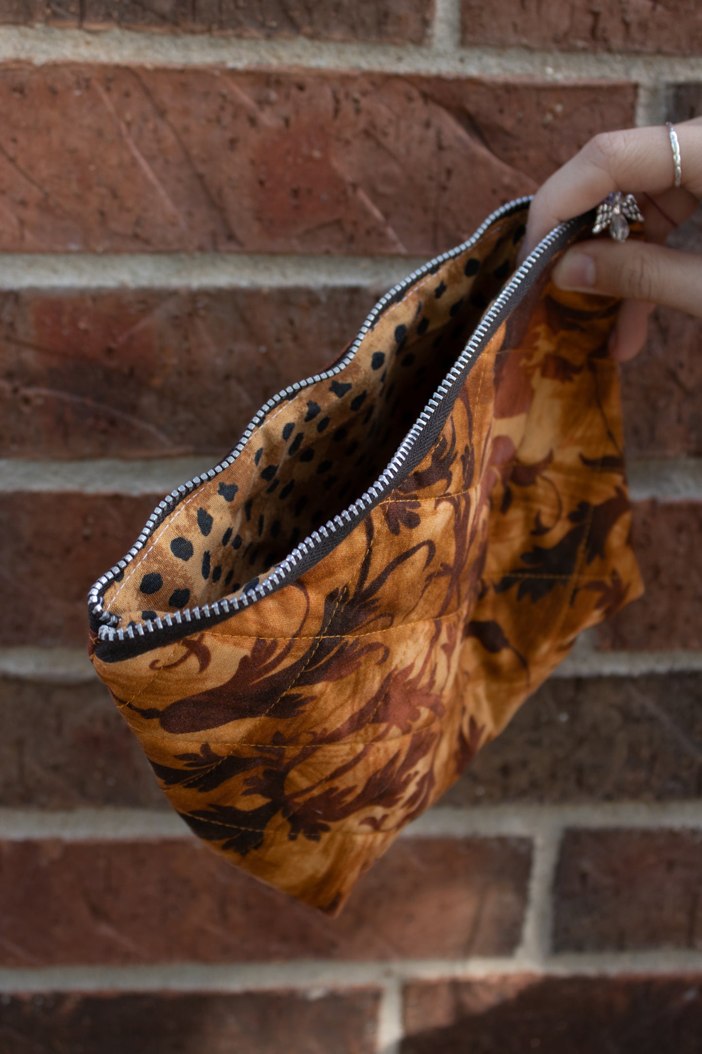 Brown Hand-Quilted Bag with Polka Dot Lining