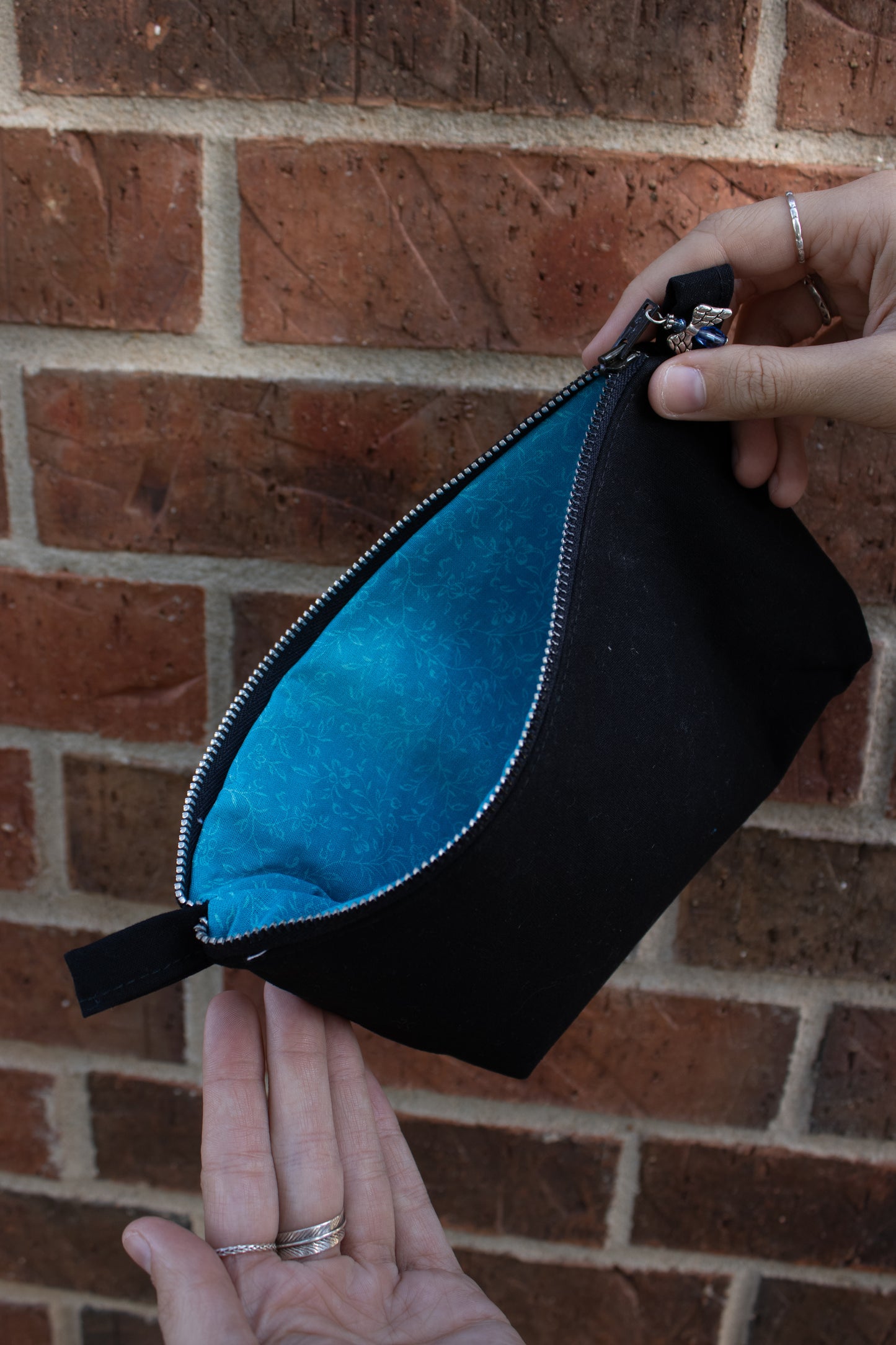 Black Hand-Quilted Bag with Blue Lining