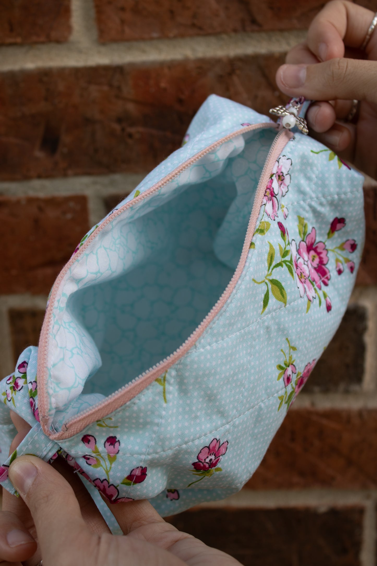 Pink & Blue Floral Square Hand-Quilted Bag