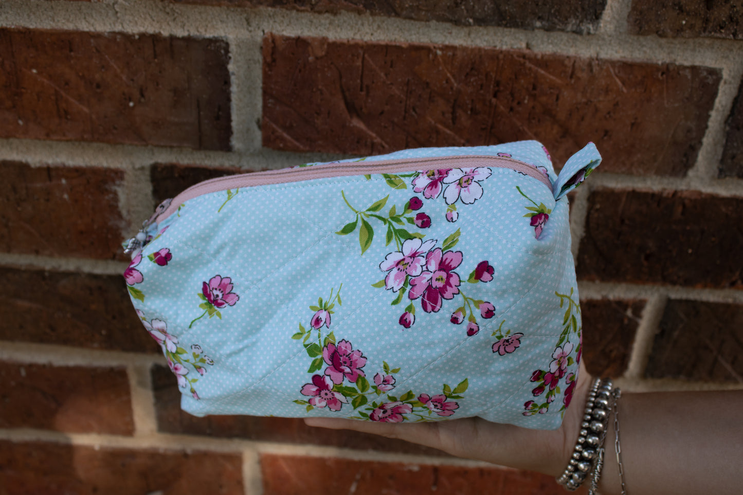 Pink & Blue Floral Square Hand-Quilted Bag